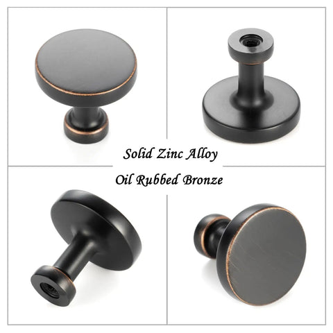 Ten Pack One And One Quarter Inch Oil Rubbed Bronze Cabinet Knobs Brushed Bronze Round Drawer Pulls For Cabinets Drawers Bedroom Dresser Cupboard Bathroom Vanity Includes Two Screw Sizes One Inch And One And A Half Inch For Easy Install, showing four angles of a single knob.