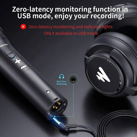 Close-up of zero-latency feature on Dual USB And XLR Dynamic Podcast Mic Kit with headphone and USB connection.