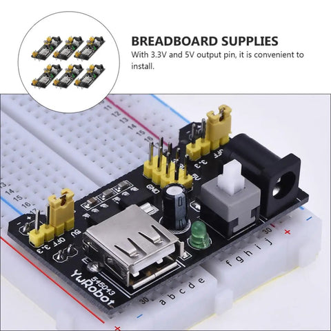 Six Pack DC Breadboard Power Supply Module 6.5 to 12V Input, Stable 3.3V and 5V Outputs on MB102 breadboard