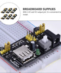 Six Pack Breadboard Power Supply Modules USB DC Regulated Low Voltage Board With Five Volt And Three Point Three Volt Outputs For Breadboards Ideal For School Lab And Hobby Projects, shown on breadboard