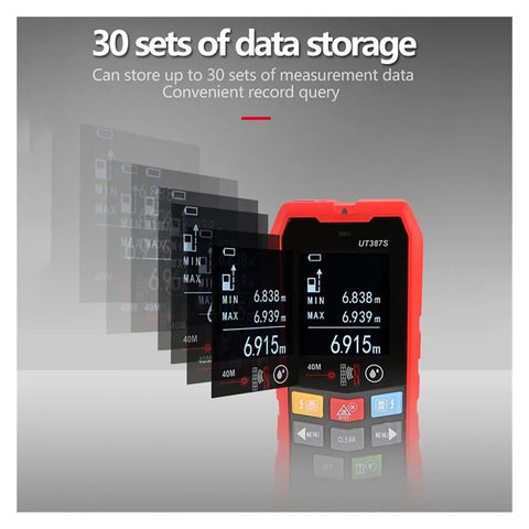 Compact Grab And Go Four In One Wall Scanner displaying measurement data storage options up to 30 sets, lightweight design.