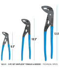 GripLock Tongue And Groove Pliers Set 6.5 Inch, 9.5 Inch, 12.5 Inch Water Pump Pliers With Permalock Fastener in three sizes
