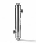 Built Like A Tank Shell And Tube Heat Exchanger 3600 KBtu Rock Solid Stainless Steel 316L side view with opposite ports.
