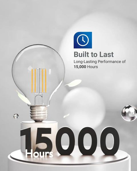 G25 LED Globe Filament Bulbs Dimmable Edison Vanity Light, 15000 hours longevity on clear vintage glass bulb display