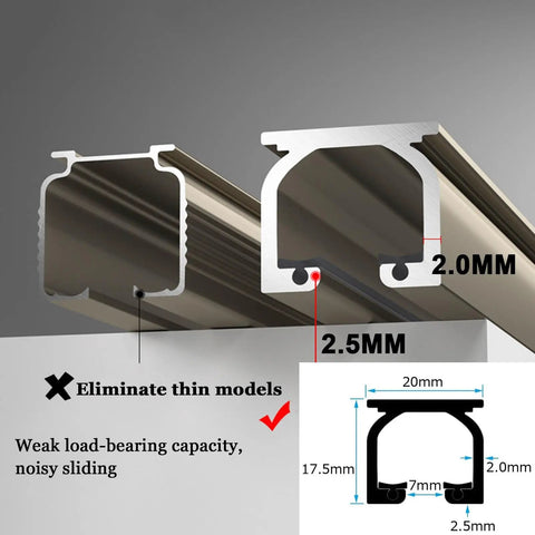 Heavy Duty Silent Sliding Barn Door Track Kit With Quality Rollers showcasing aluminum rail cross-section and dimensions.