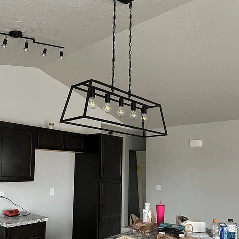 Modern Black Farmhouse Kitchen Island Light Chandelier With Industrial Open Frame 5 Light Ceiling Fixture Above Island