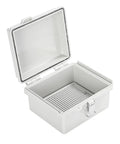 Outdoor IP67 Weatherproof Junction Box With Hinged Gray Cover, stainless latch, open view, 155x135x85mm rugged ABS enclosure
