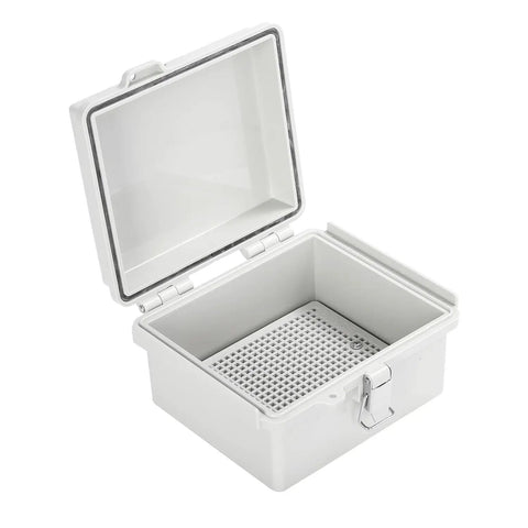 Outdoor IP67 Weatherproof Junction Box With Hinged Gray Cover, stainless latch, open view, 155x135x85mm rugged ABS enclosure
