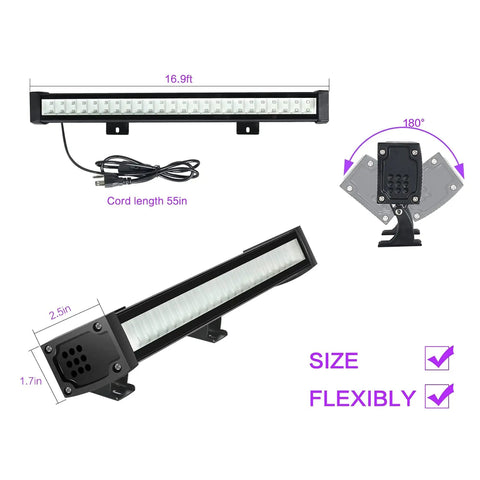 Dimensions and angles of 4 Pack LED Black Light Bar shown, 48 LED lights, highlighting size and flexibility features.