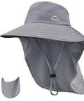 Sun Hat With Neck Flap And Detachable Face Cover, Wide Brim UPF 50 Plus Fishing Hat For Men And Women in dark gray with flap and cover.