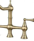 Brushed Gold Bridge Kitchen Faucet With Side Sprayer Solid Brass Two Handle Eight Inch Centerset Four Hole Design Heavy Duty Rust Resistant Faucet For Kitchen Sinks