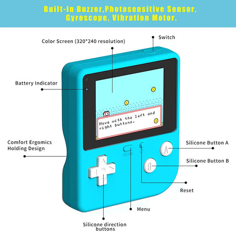 Retro Coding Arcade Handheld Console For MakeCode And Python, DIY Game Machine For STEM Education Learn Block Coding And Python With A Big Screen, Easy Game Creation For Teens And Makers, Super Fun Legit Learning. Blue plastic handheld with 320x240 screen and buttons