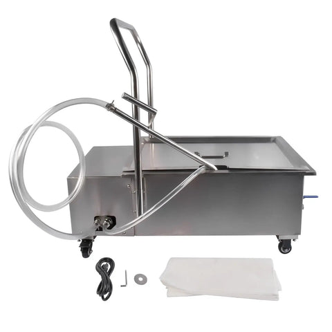 Heavy Duty Commercial Fryer Filter Machine For Restaurant 55L Oil Strainer with stainless steel frame and hose attachment.