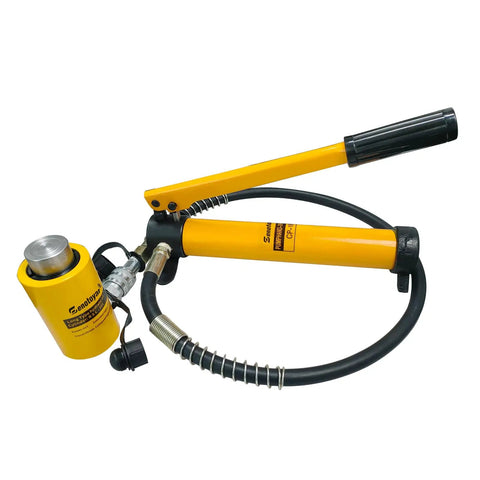10 Ton Heavy Duty Hydraulic Cylinder Jack Kit With CP-180 Manual Hand Pump, yellow and black pump and hose. Suitable for automotive jobs.