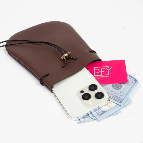 Badass Brown Leather Belt Pouch For Medieval Renaissance And Viking Larp Cosplay holding a phone, cash, and card.