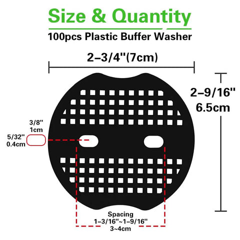 100Pcs Garden Staples Plastic Buffer Washers For Landscape Stakes Gaskets, size 2.75 inch, black circular design with grid pattern.