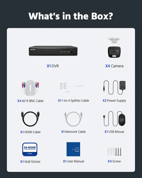 Contents of 8 Channel 3K Lite Wired Security Camera System With H265 DVR AI Human And Vehicle Detection Four 1080p Bullet Cams