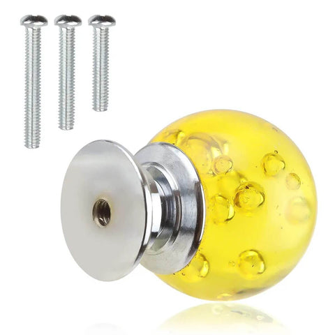 Pretty Dang Nice Crystal Cabinet Knobs Featuring Slick Glass Bubbles And Seriously Rock Solid Build Includes Handy Mounting Hardware For Easy Furniture Refreshes On Dressers Or Pantries 30Mm Yellow Tone, yellow glass bubble knob with screws.