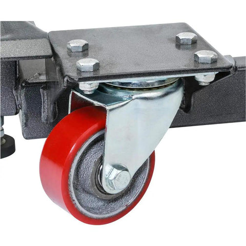 Beefy Heavy Duty Industrial Mobile Base with red swivel caster wheel, 1200 pound capacity, steel frame, rubber leveling feet close-up.