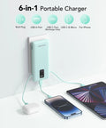 Portable Charger With Built In Cables And Plug 10000mAh USB C Power Bank Fast Charging Slim External Battery Pack Travel Essential On The Go For iPhone Samsung Galaxy iPad And More charging devices against a wall.