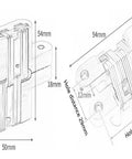Diagram of Cross Hidden Door Hinges 180 Degree Zinc Alloy Invisible Folding Hinge with dimensions for cabinets and wooden boxes.