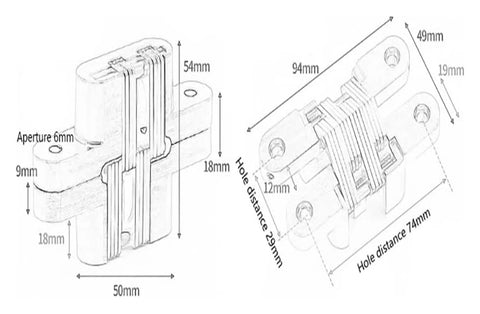 Diagram of Cross Hidden Door Hinges 180 Degree Zinc Alloy Invisible Folding Hinge with dimensions for cabinets and wooden boxes.