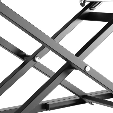 Close-up of 24 Inch Scissor Lift Keyboard And Mouse Riser For Standing Desk Converter mechanism in black steel