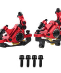 Rock Solid Top Tier Hydraulic Disc Brake Set Featuring Two Way Paddle Levers And Sturdy Aluminum Alloy Calipers in bright red finish.