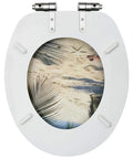 Heavy Duty Dual Pack Toilet Seats Featuring Soft Close Lid Solid MDF Build with palm leaf design and chrome slam proof hinges.