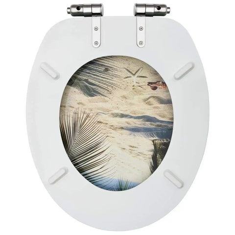 Heavy Duty Dual Pack Toilet Seats Featuring Soft Close Lid Solid MDF Build with palm leaf design and chrome slam proof hinges.
