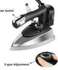 Close-up of Rock Solid 1200 Watt Industrial Steam Iron With Titanium Coated Soleplate and Three Liter Reservoir showing water switch and 5-gear adjustment.