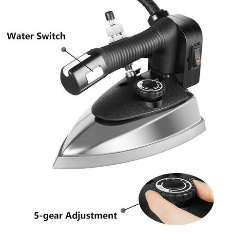 Close-up of Rock Solid 1200 Watt Industrial Steam Iron With Titanium Coated Soleplate and Three Liter Reservoir showing water switch and 5-gear adjustment.