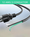 Heavy Duty 6 Foot 12 Gauge 3 Prong Replacement Power Cord Cable 110V 120V 15 Amp Plug For Appliances Power Tools And Dishwashers 12 AWG 3 Conductor Wire Pigtail, showing plug and exposed wires