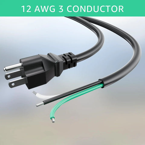 Heavy Duty 6 Foot 12 Gauge 3 Prong Replacement Power Cord Cable 110V 120V 15 Amp Plug For Appliances Power Tools And Dishwashers 12 AWG 3 Conductor Wire Pigtail, showing plug and exposed wires