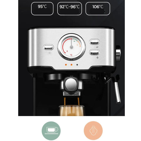 Go Big Or Go Home Daily Grind Semi Automatic Espresso Machine With 20 Bar Pressure clear temp gauge displaying water temperature.