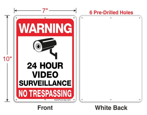 Front and back of Built Tough 10 By 7 Inch No Trespassing Video Surveillance Sign Made From 0.40 Aluminum with camera graphic