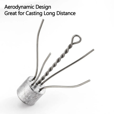 Close-up of Five Pack Spider Sinkers For Surf Fishing Heavy Duty Lead Weights 1 To 8 Ounces Sputnik Sinker Set with wires.