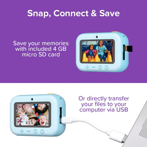 Instant Print Camera For Kids 16MP Inkless Prints With Digital Camera And Fun Frames Selfie Mode And Easy Controls Designed For Ages 3 To 12, blue, with 4GB micro SD and USB transfer