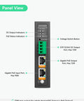 Front view of Industrial Gigabit 90W PoE Splitter with IEEE 802 3BT PoE and DC Output ports for cameras and access systems.