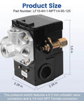 Air Compressor Pressure Switch 95-125 PSI 20A Replacement With 4 Port 1/4 NPT Unloader Valve, dimensions labeled