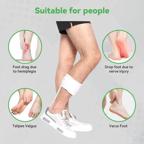 Left Ankle Foot Orthosis AFO Splint for foot drop support on leg with illustrative uses for nerve injury and hemiplegia