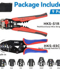 Ratcheting Crimping Tool Set 9 Piece With Automatic Wire Stripper And Quick Exchange Jaw displayed with dies