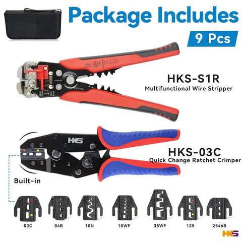 Ratcheting Crimping Tool Set 9 Piece With Automatic Wire Stripper And Quick Exchange Jaw displayed with dies