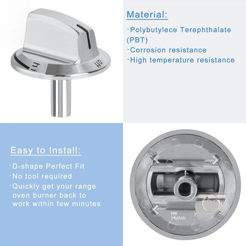 Long Stem Stove Knob Replacements For Frigidaire Gas Range Oven Knobs 5304525746 Replacement Part 5304504839 silver and back view