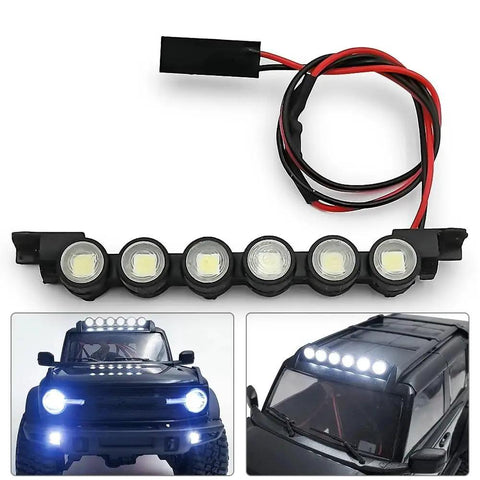 RC Light Strips Kit For TRX4M Bronco One Eighteen Scale Upgrade Accessory with roof light bar, cable, and LED spotlight lamps shown.