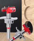 Kickin Out Flawless Holes With Zero Sweat From This Top Shelf Five Piece Forstner Drill Bit Set Featuring Adjustable Pilot Guide For Smooth Hinge Boring On Hardwood, focus on adjustable pilot guide and sharp cutting edges.