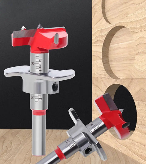 Kickin Out Flawless Holes With Zero Sweat From This Top Shelf Five Piece Forstner Drill Bit Set Featuring Adjustable Pilot Guide For Smooth Hinge Boring On Hardwood, focus on adjustable pilot guide and sharp cutting edges.