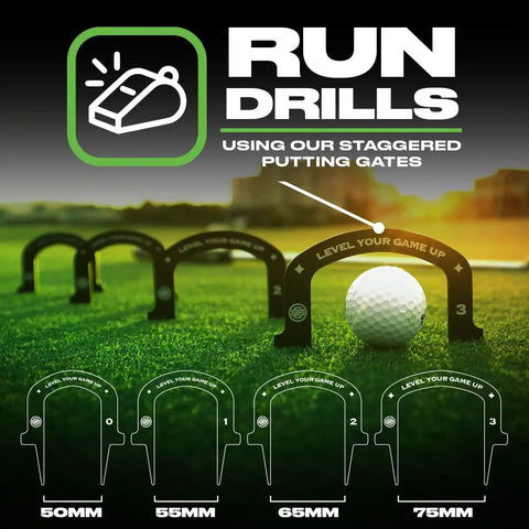 Dual Sided Golf Putting Mirror And Alignment Tool For Indoor Or Outdoor Practice with alignment gates on grass field