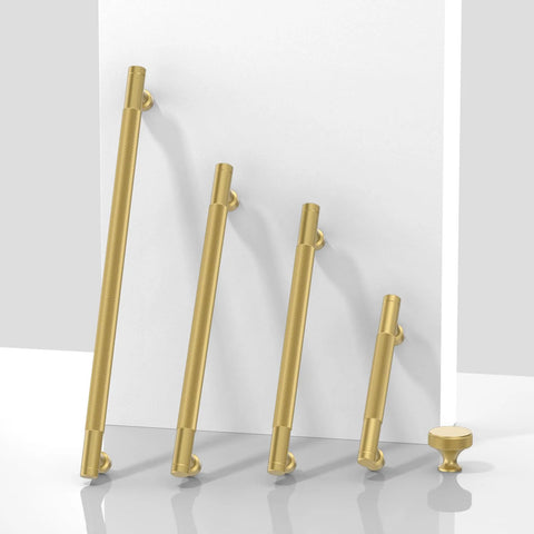Set of 10 Pack Brushed Gold Knurled Cabinet Pulls 5 Inch 128mm Ideal For Kitchen Cabinets And Drawers displayed with varying sizes.