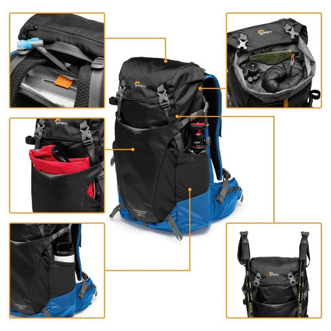 24L Hiking Camera Backpack With Side Access, Removable Camera Insert, Accessory Strap System, Toploading Compartments, Blue and Black